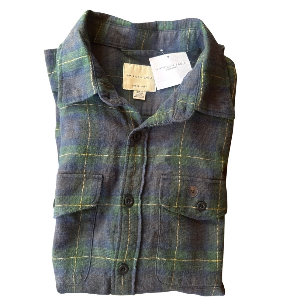 American Eagle Flannel Shirt Men Medium Green Navy Plaid Super Soft NWT - Picture 7 of 8